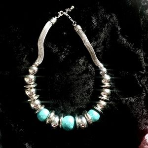 Chunky Egyptian Style Choker with Silver and Turquoise Toned  Beads 18 in.